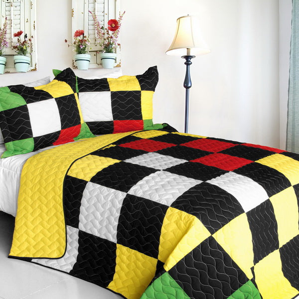 Black White Yellow Red Green Patchwork Teen Bedding Full/Queen Quilt Set Patchwork Colorblock Bedspread