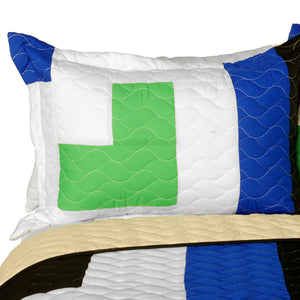 Blue Green White & Tan Striped Teen Bedding Full/Queen Quilt Set - Pillow Sham