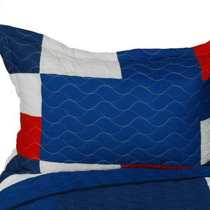 Blue Red & White Patchwork Teen Boy Bedding Full/Queen Modern Checkered Quilt Set