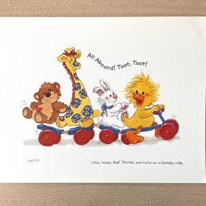 Póster coleccionable de animales bebés All Aboard de Little Suzy's Zoo Witzy's Train Ride Wall Art Print Edición limitada Vintage 2000 - Pato, oso, conejito, jirafa - Decoración de habitaciones