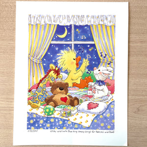 Póster de pared coleccionable Little Suzy's Zoo Bedtime Baby Witzy's Lullabye, edición limitada, vintage, 1999: Witzy Duck Bear Bunny Giraffe, decoración de pared