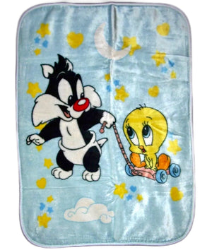 Vintage Baby Looney Tunes Sylvester Cat & Tweety Bird Baby Fleece Minky Plush Crib Blanket 30" x 41" Blue 1999