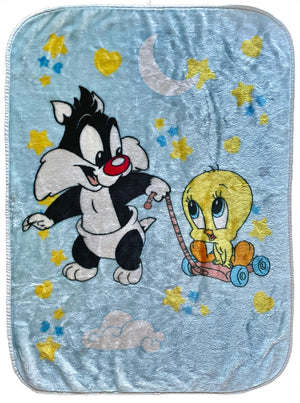 RARE Vintage NEW Baby Looney Tunes Sylvester Cat & Tweety Bird Baby Fleece Minky Plush Crib Blanket 30" x 41" Blue 1999 Moon & Stars