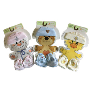 Vintage Little Suzy's Zoo Infant Baby Hat Cap & Booties Set Baby's Arrival Baby Shower Gift - Yellow Duck, Blue Bear, Pink Bunny