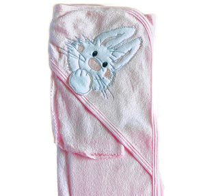 Ensemble serviette à capuche et débarbouillette pour bébé fille vintage Little Suzy's Zoo rose avec applique de lapin blanc Lulla 30" x 26"