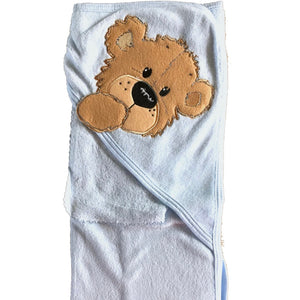 Ensemble serviette à capuche et débarbouillette pour bébé vintage Little Suzy's Zoo bleu avec ours brun appliqué 30" x 26"