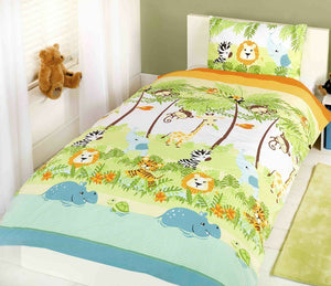 Jungle Parade Kids Bedding Twin Duvet / Comforter Cover Set Reversible Green Blue Lion Zebra Elephant Monkey Giraffe Tiger Hippo