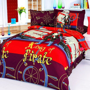Elegant Cotton Pirate King with Pirate Ships Bedding Twin Duvet Cover Set 4pc Designer Ensemble Red Brown Blue