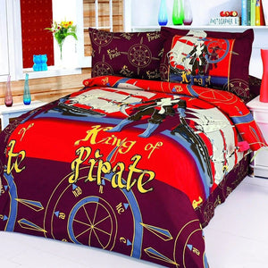 Parure de lit élégante en coton avec housse de couette pour lit double et bateau pirate, ensemble de 4 pièces, design rouge, marron et bleu