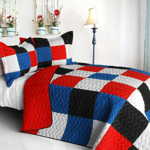 Red White Blue Checkered Geometric Boys Bedding Full/Queen Quilt Set Modern Colorblock Bedspread