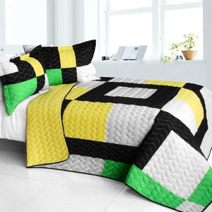 Black White Green Yellow Geometric Teen Bedding Full/Queen Quilt Set Patchwork Bedspread