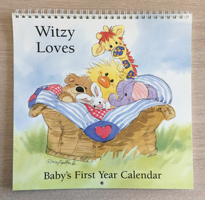 Calendrier souvenir de la première année de bébé du zoo de Little Suzy Enregistrements de bébé de 13 mois Animaux dans un panier Canard Ours Éléphant Girafe Lapin « Witzy Loves »