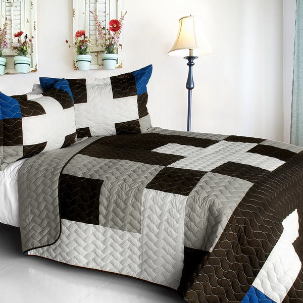 Modern Grey White Black Blue Patchwork Boys Bedding Full/Queen