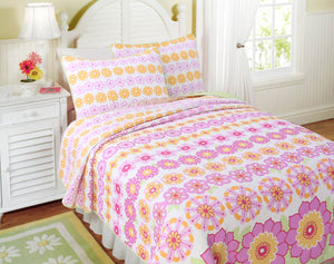 Pink Green Daisy Floral Girl Bedding Twin Full/Queen Cotton Quilt Set