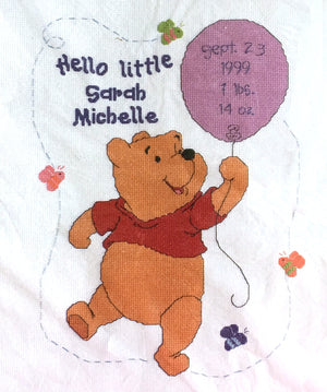 Disney Winnie The Pooh with Balloon Hello Little One Counted Cross Stitch Baby Birth Announcement Kit or PDF Pattern Chart Instructions Keepsake Record Sampler 11" x 14" 1132-50