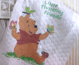 Walt Disney Winnie The Pooh Bear Cross Stitch Quilt PDF Chart Pattern Instructions Fluttering Friends with Butterflies Stamped Keepsake Baby Gift Nursery Crib Quilt 34" x 43"