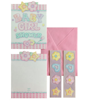 Baby's Quilt Baby Girl Shower Invitation Cards 8 CT - Pink Stripe Hearts & Flowers