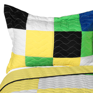 Black White Green Yellow Patchwork Teen Bedding Full/Queen Quilt Set - Pillow Sham