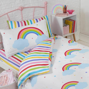 Rainbow Striped Kids Bedding Duvet / Comforter Cover Set with Clouds Toddler Twin Full or Curtains