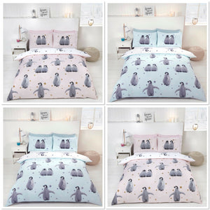 Parure de lit pour enfants avec housse de couette et couette rose ou bleu avec étoiles Pingouins pour lit double, complet, queen