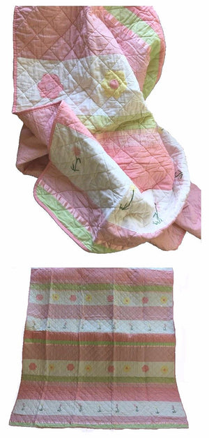 Elegant Pastel Pink & Green Floral Striped Cotton Girl Bedding Twin Embroidered 2pc Quilt Set Tara Stripe Bedspread