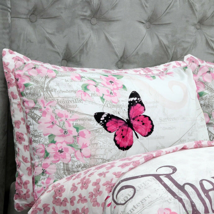 Pink Romantic Paris Map Pillowcase Pink Flowers Purple Butterfly