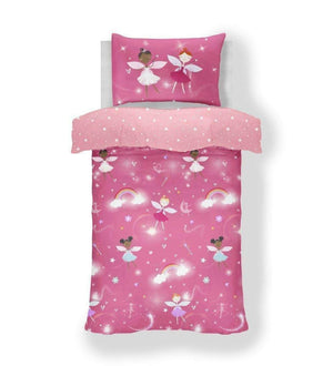 Parure de lit rose magique pour fille avec housse de couette et drap pour lit double Motif fées Arcs-en-ciel, étoiles et cœurs