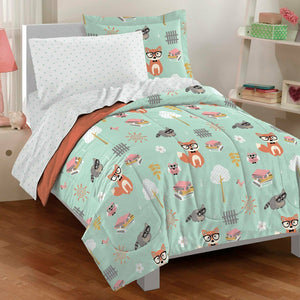 Woodland Friends Mint Green Bedding Comforter Set 5pc Twin Bed in a Bag Ensemble Fox Raccoon Owl