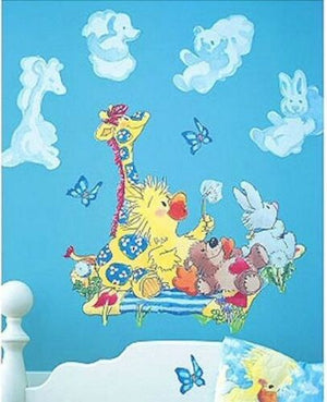 Sticker mural pour chambre d'enfant avec animaux du zoo de Little Suzy, aquarelles, nuages en forme d'animaux, papillons, canard, ours, lapin, girafe, couverture de pique-nique, grandes découpes