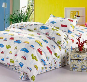 Transportation City Cars & Airplanes Boys Bedding Twin Duvet Cover Set White Red Blue