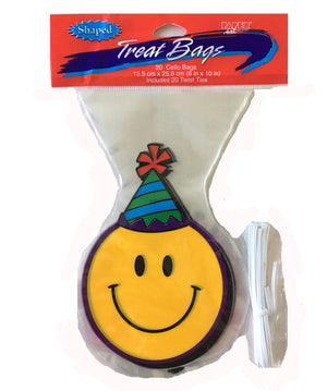 Smiley Face Shaped Cello Treat Party Bags with Ties 20 CT