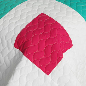 Blue White Green & Hot Pink Geometric Teen Bedding Full/Queen Quilt Set Modern Bedspread - Detail