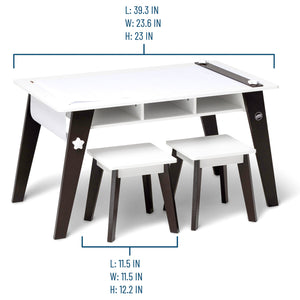 Kids Arts & Crafts Table & Two Chair Play Set Modern Furniture White Grey Blue or Espresso 39" x 23" x 23"
