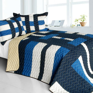 Blue White & Navy Elegant Geometric Stripe Boys Bedding Full/Queen Quilt Set Modern Teen Bedspread