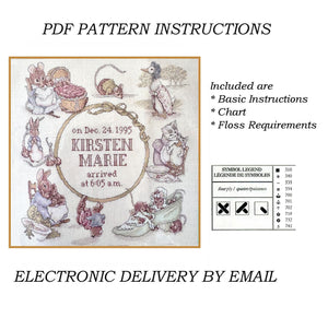 Vintage Rare Beatrix Potter Peter Rabbit Storybook Birth Sampler Keepsake Counted Cross Stitch Announcement Kit or PDF Pattern Chart Instructions Needle Treasures by JCA 02673 from 1995
