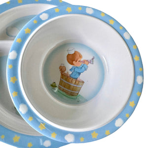 Juego de regalo para la hora de comer para niño y niña Precious Moments: plato, tazón, cuchara, tenedor, regalo para baby shower para niños de 4 piezas en rosa o azul