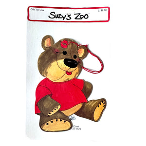 Étiquette cadeau vintage à nouer pour Noël de Suzy's Zoo, Willie Bear, chemise rouge et baiser, 5" x 4" 1982