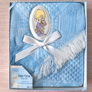 New Vintage Precious Moments Blue Baby Blanket with Boy Hugging a Bear Appliqued Boxed Gift Shawl Afghan Crib Throw Nap-Time Baby Shower Gift Set 2002