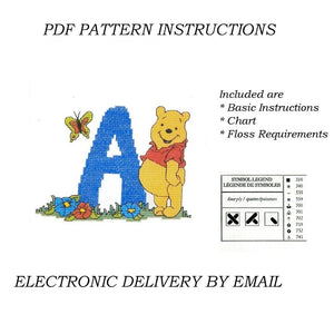 Lettres de l'alphabet Disney Winnie l'ourson, échantillon de point de croix compté, instructions PDF, 1998 points de créateur, A5 - A30, lettres bleues personnalisées