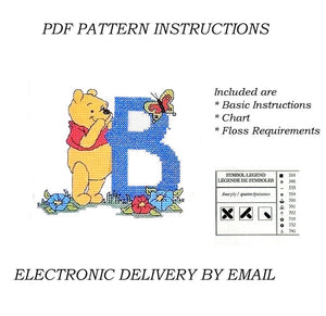 Lettres de l'alphabet Disney Winnie l'ourson, échantillon de point de croix compté, instructions PDF, 1998 points de créateur, A5 - A30, lettres bleues personnalisées