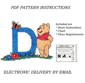 Lettres de l'alphabet Disney Winnie l'ourson, échantillon de point de croix compté, instructions PDF, 1998 points de créateur, A5 - A30, lettres bleues personnalisées