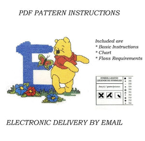 Lettres de l'alphabet Disney Winnie l'ourson, échantillon de point de croix compté, instructions PDF, 1998 points de créateur, A5 - A30, lettres bleues personnalisées