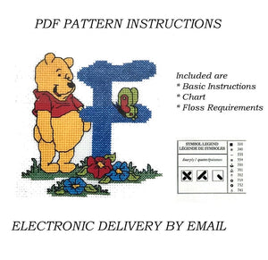 Lettres de l'alphabet Disney Winnie l'ourson, échantillon de point de croix compté, instructions PDF, 1998 points de créateur, A5 - A30, lettres bleues personnalisées