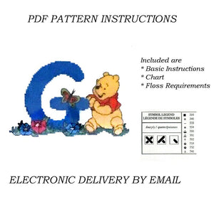 Lettres de l'alphabet Disney Winnie l'ourson, échantillon de point de croix compté, instructions PDF, 1998 points de créateur, A5 - A30, lettres bleues personnalisées