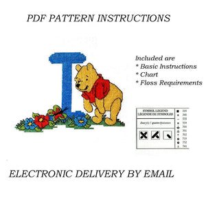 Lettres de l'alphabet Disney Winnie l'ourson, échantillon de point de croix compté, instructions PDF, 1998 points de créateur, A5 - A30, lettres bleues personnalisées