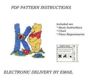 Lettres de l'alphabet Disney Winnie l'ourson, échantillon de point de croix compté, instructions PDF, 1998 points de créateur, A5 - A30, lettres bleues personnalisées