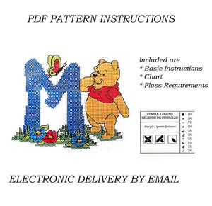 Disney Winnie The Pooh Alphabet Letters Counted Cross Stitch Sampler PDF Pattern Chart Instructions 1998 Designer Stitches A5 - A30 Personalized Blue Letters