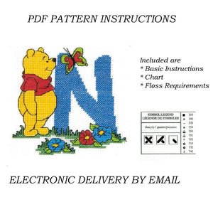 Disney Winnie The Pooh Alphabet Letters Counted Cross Stitch Sampler PDF Pattern Chart Instructions 1998 Designer Stitches A5 - A30 Personalized Blue Letters