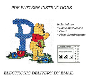 Lettres de l'alphabet Disney Winnie l'ourson, échantillon de point de croix compté, instructions PDF, 1998 points de créateur, A5 - A30, lettres bleues personnalisées