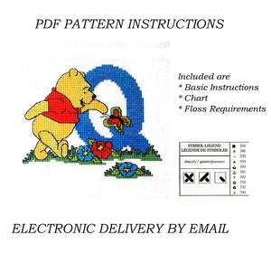 Lettres de l'alphabet Disney Winnie l'ourson, échantillon de point de croix compté, instructions PDF, 1998 points de créateur, A5 - A30, lettres bleues personnalisées